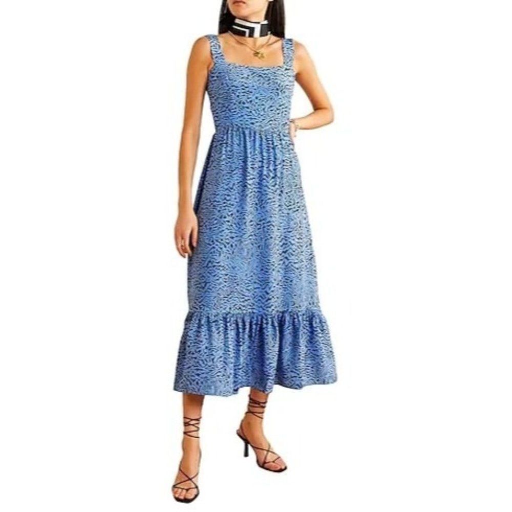 HVN Blue Tiger Print Olympia Peplum Hem Sleeveless Midi Dress Size 0